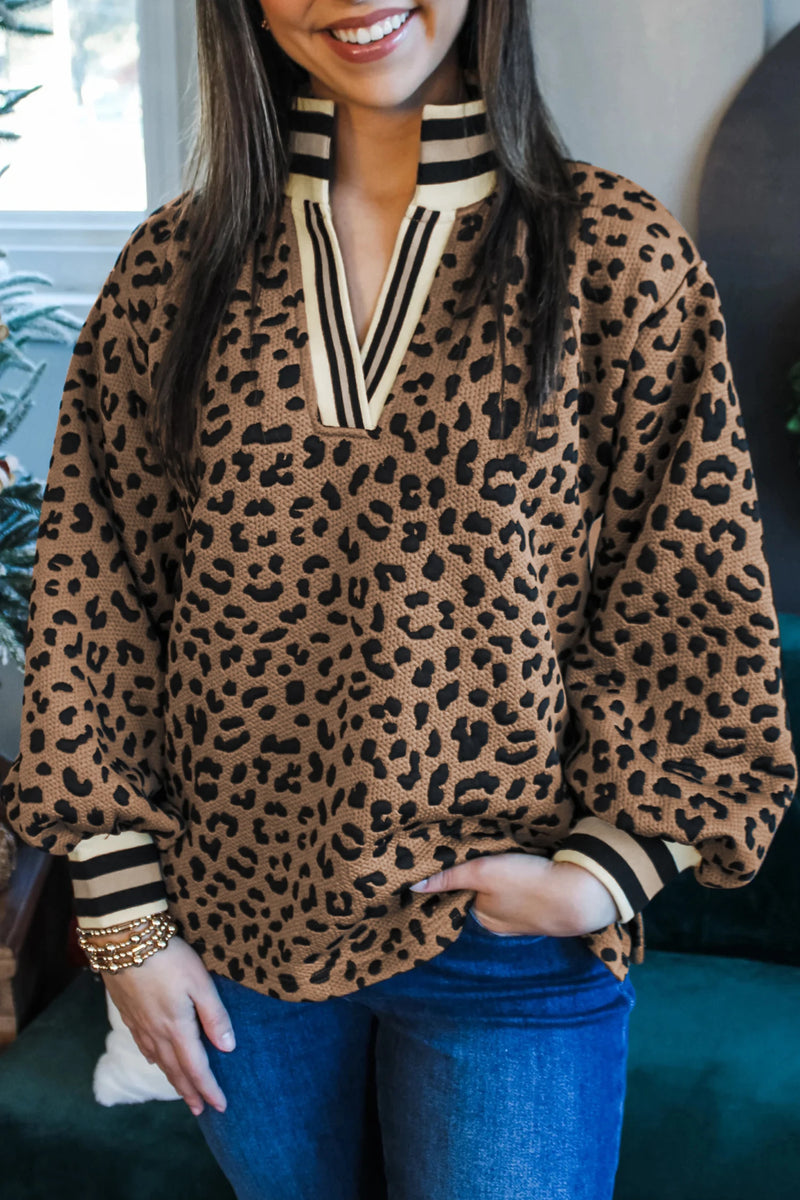 Load image into Gallery viewer, DLLS729 - Ladies Brown Leopard Print Striped Trim Collar Long Sleeve Shift Pullover
