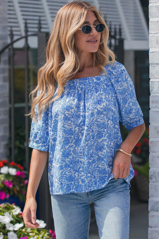 DLLS936 - Ladies Sky Blue Square Neck Short Puff Sleeve Pleated Floral Blouse