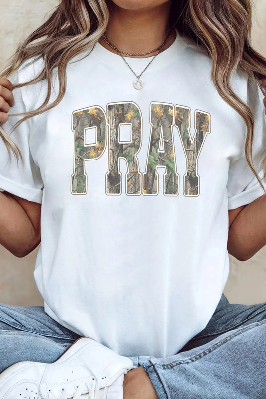 DLLS792 - Ladies White PRAY Camo Letter Print Casual Round Neck T Shirt