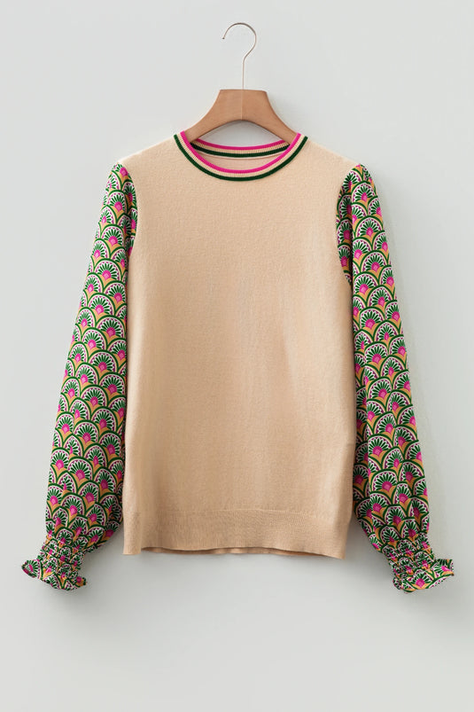 DLLS1015 - Ladies Apricot Floral Patchwork Shirred Cuff Puff Sleeve Sweater