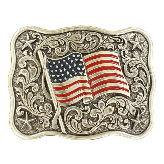 37702 - Rectangle Smooth Edge Buckle With Scroll and USA Flag LASRP