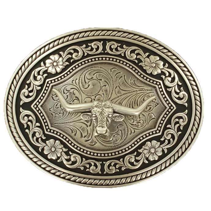 37708 - Oval Rope Edge Scroll Buckle With Longhorn Motif