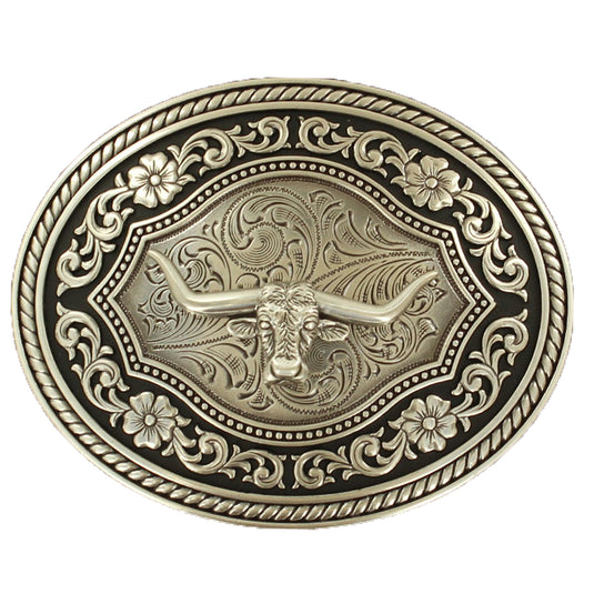 37708 - Oval Rope Edge Scroll Buckle With Longhorn Motif