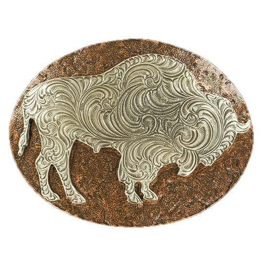37712 - Oval Buckle Hammered Edge Copper Background Silver Buffalo