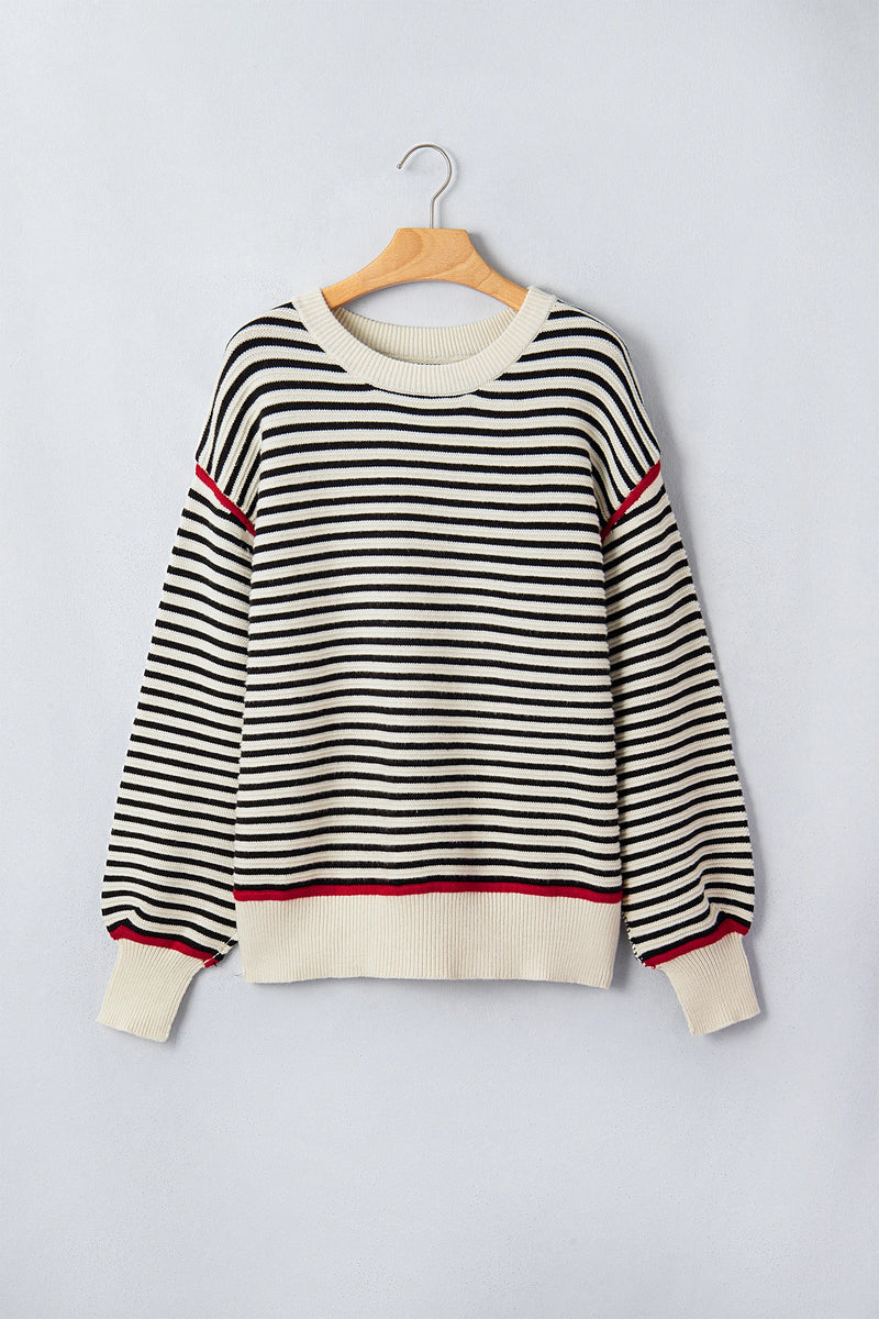 Load image into Gallery viewer, DLLS1082 - Ladies Black Stripe Ribbed Trim Drop Shoulder Oversized Sweater
