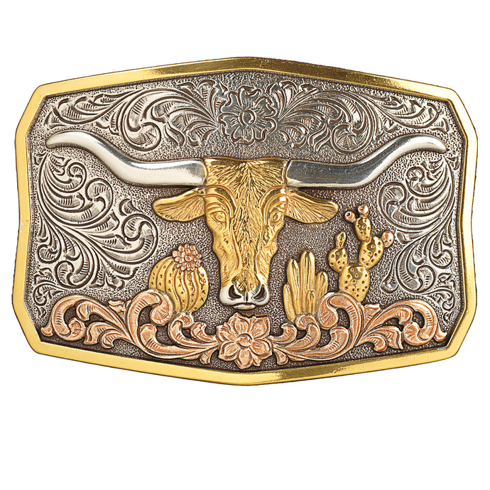 37910 - Rectangular Longhorn Cactus Antique Silver And Antique Gold Buckle
