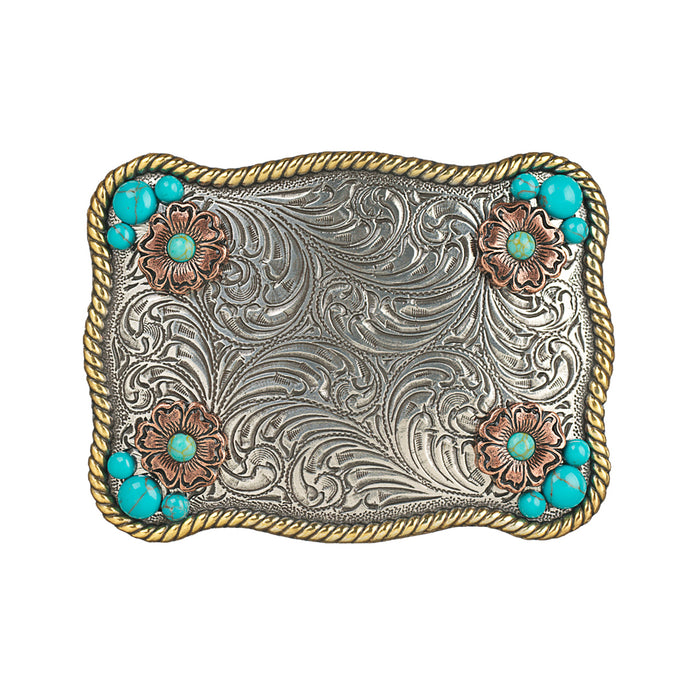 37929 - Nocona Ladies Rectangle Buckle Flower Accent Turquoise Stones