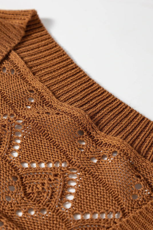 DLLS133 - Ladies Brown Lightweight Buttoned Front Crochet Cardigan
