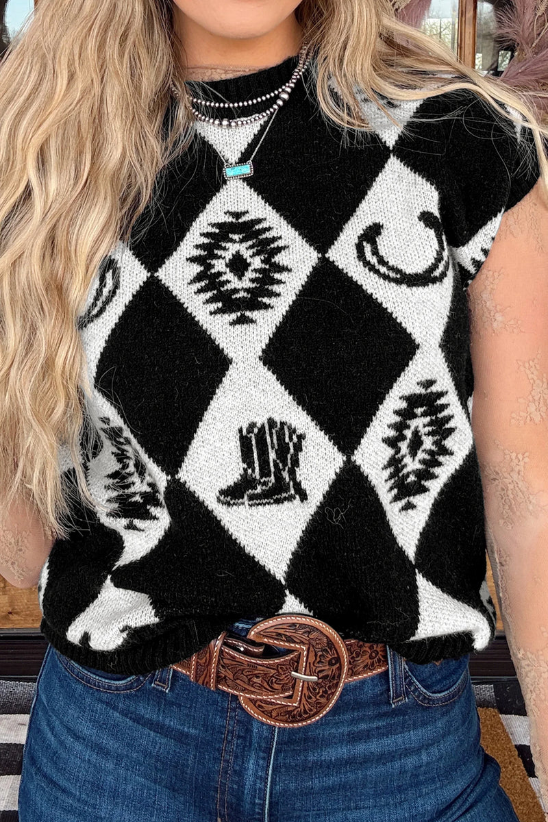 Load image into Gallery viewer, DLLS789 - Ladies Black Retro Rhombus Western Print Drop Shoulder Short Sleeve Sweater
