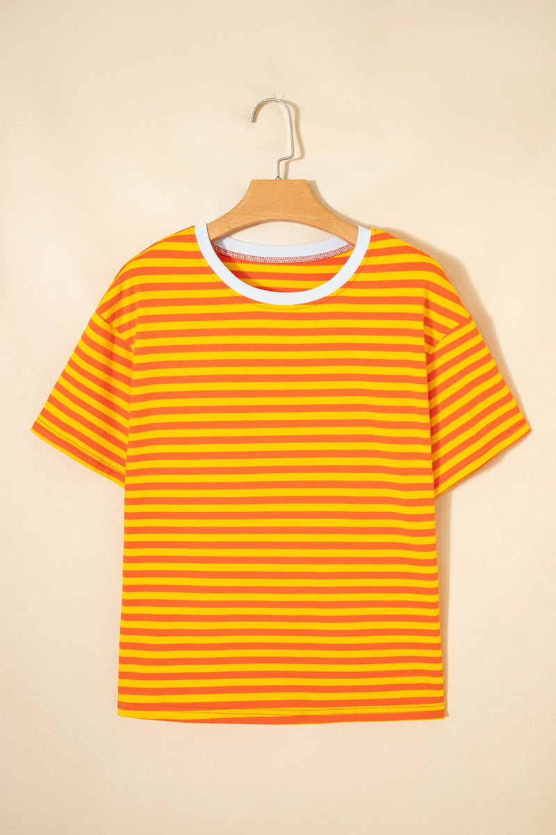 Load image into Gallery viewer, DLLS417 - Ladies Orange Stripe Contrast Crew Neck Drop Shoulder Loose Tee
