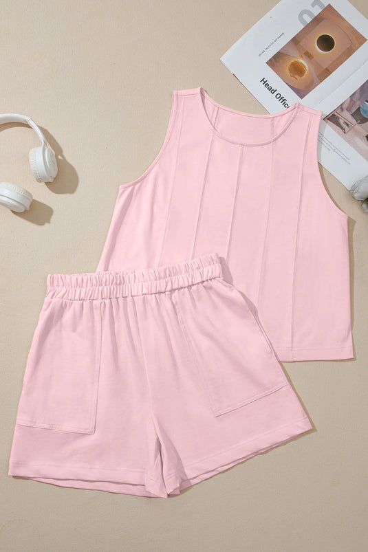 DLLS641 - Ladies Pink Stitched Detail Loose Tank Top Cotton 2pcs Short Set