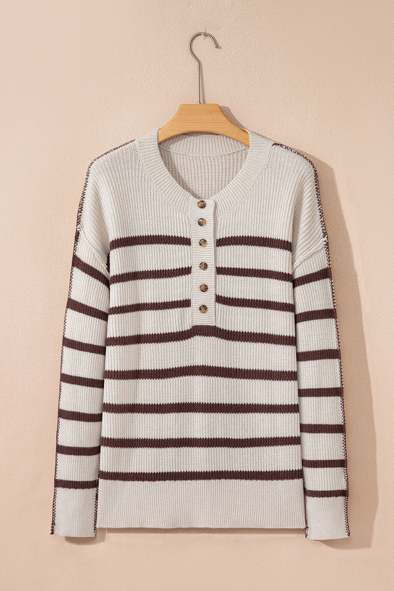 Load image into Gallery viewer, DLLS227 - Ladies Brown Stripe Ribbed Henley Drop Shoulder Slouchy Sweater
