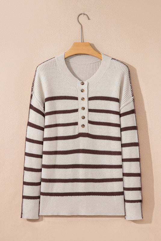 DLLS227 - Ladies Brown Stripe Ribbed Henley Drop Shoulder Slouchy Sweater