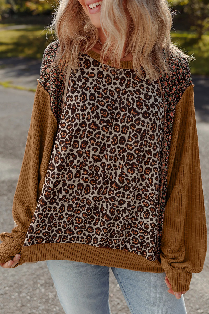 Load image into Gallery viewer, DLLS195 - Ladies Brown Leopard Floral Print Ribbed Puff Sleeve Patchwork Loose Pullover
