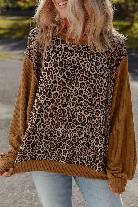 DLLS195 - Ladies Brown Leopard Floral Print Ribbed Puff Sleeve Patchwork Loose Pullover