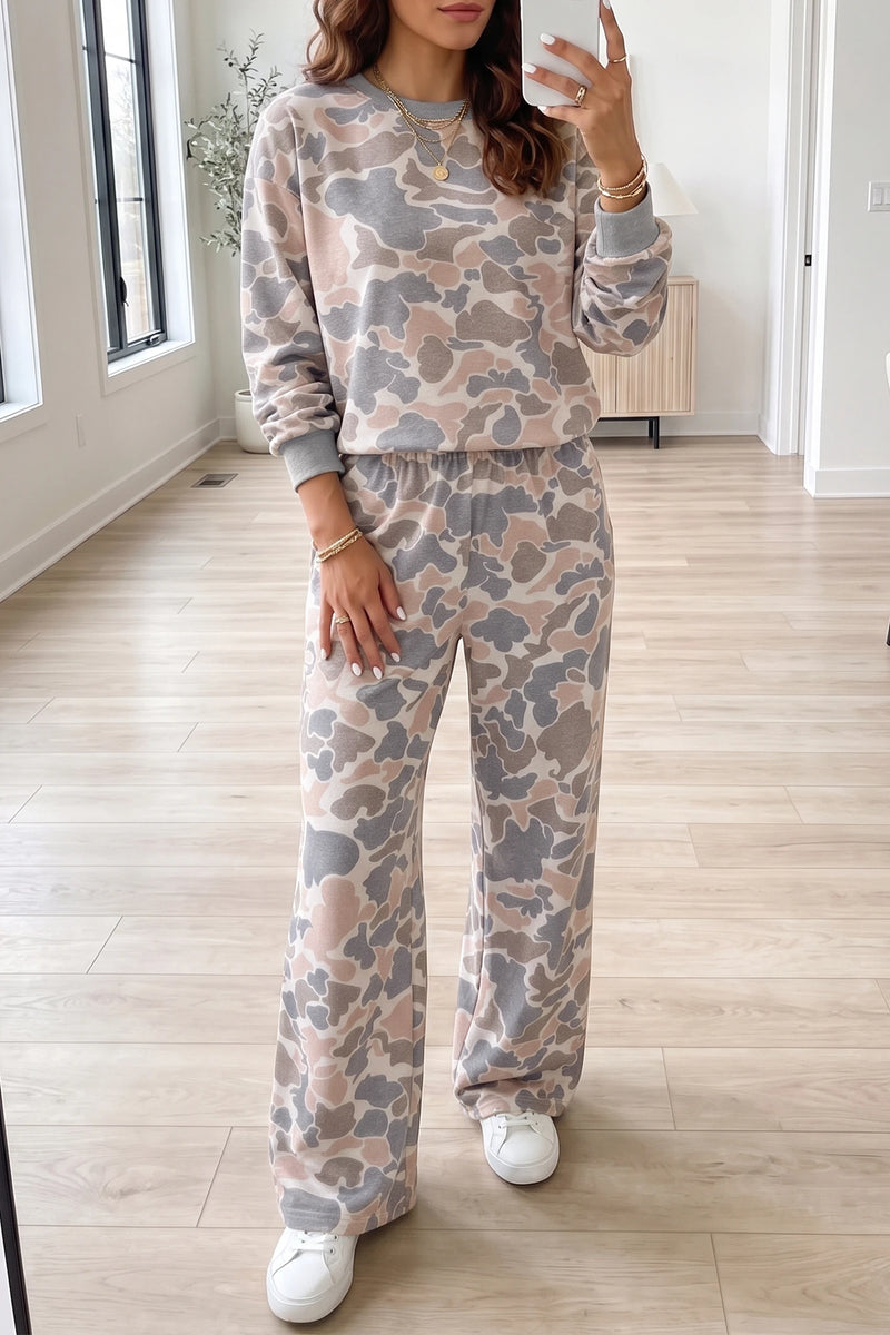 Load image into Gallery viewer, DLLS771 - Ladies Multicolour Camouflage Print Long Sleeve Top Loose 2pcs Pants Set
