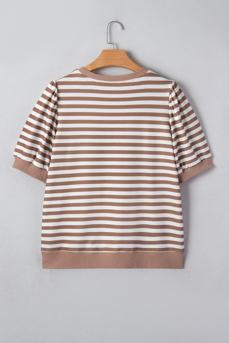 Load image into Gallery viewer, DLLS548 - Ladies Khaki Stripe Short Bubble Sleeve T Shirt

