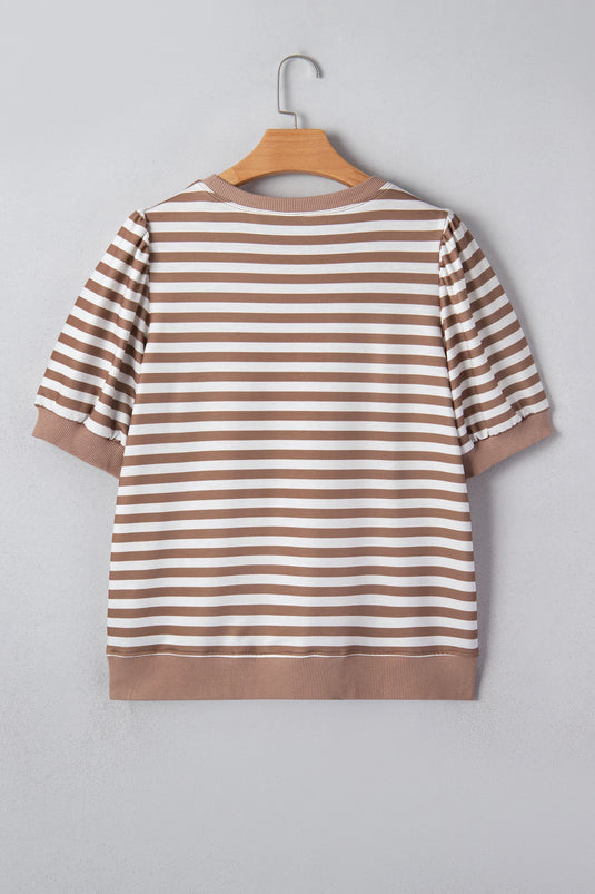DLLS548 - Ladies Khaki Stripe Short Bubble Sleeve T Shirt