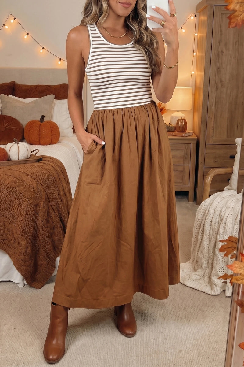 Load image into Gallery viewer, DLLS733 - Ladies Chestnut Striped Colorblock Patchwork Sleeveless Casual Long Dress
