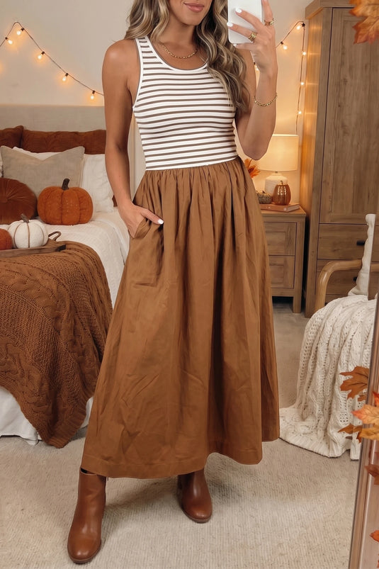 DLLS733 - Ladies Chestnut Striped Colorblock Patchwork Sleeveless Casual Long Dress