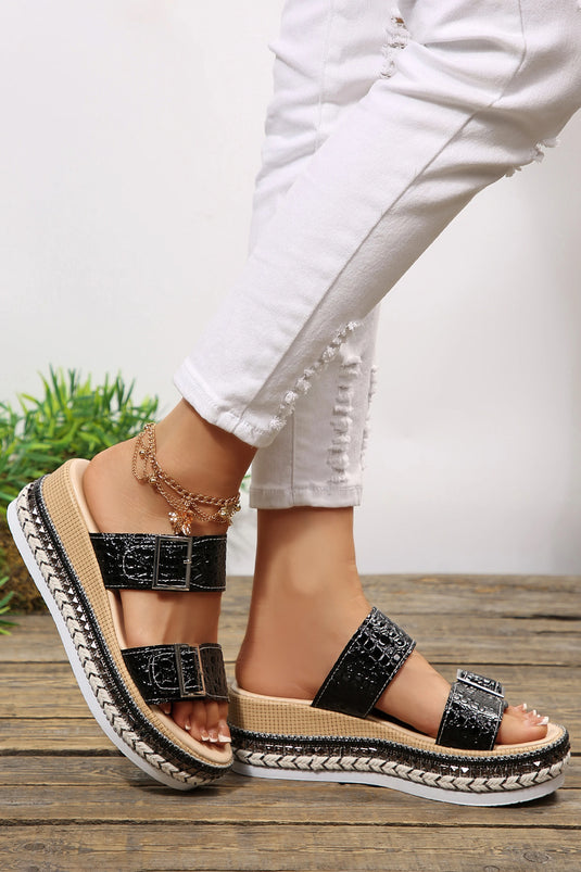 DLLSHOE 171 - Color Black Metallic Textured PU Leather Buckle Wedge Platform Slippers