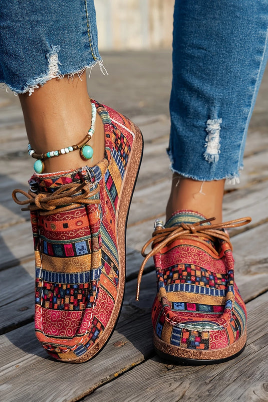 DLLSHOE 46 - Racing Red Western Print Faux Suede Lace-Up Decor Slip On Shoes