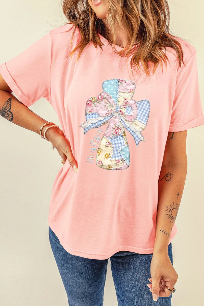 Load image into Gallery viewer, DLLS472 - Ladies Pink He is Risen Patchwork Bow Cross Printed T Shirt
