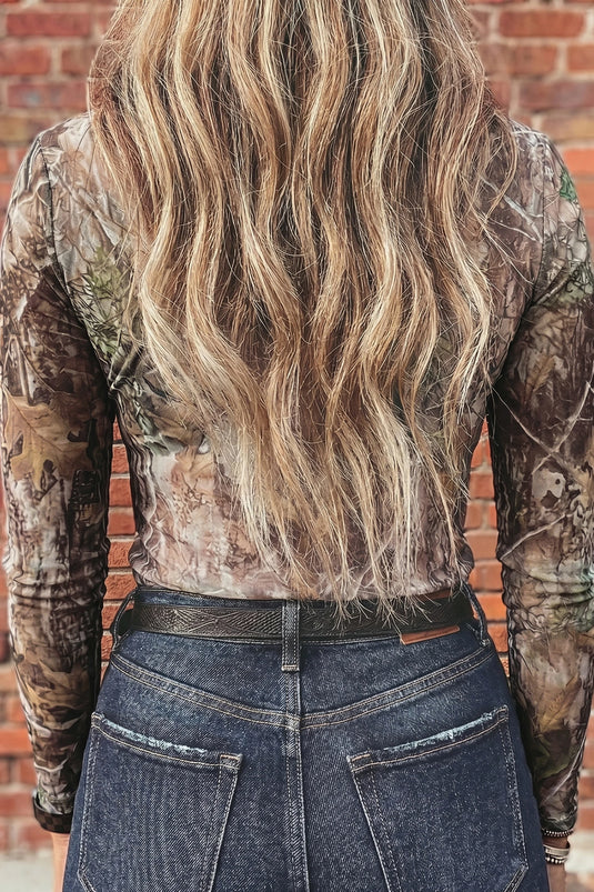 DLLS1140 - Ladies Smoke Gray Floral Print Slim Fit Mesh Long Sleeve Mock Neck Top