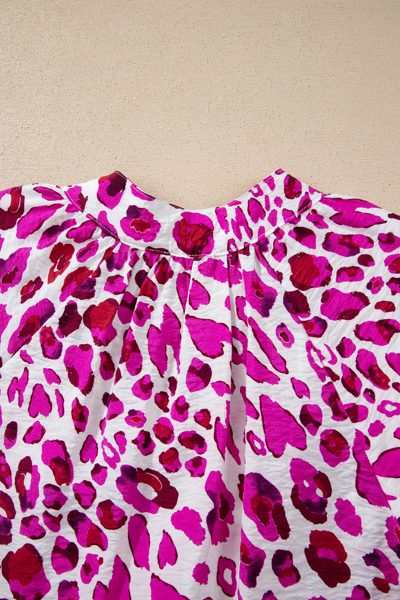 Load image into Gallery viewer, DLLS493 - Ladies Rose Leopard Print V Neck Puffy Half Sleeve Blouse
