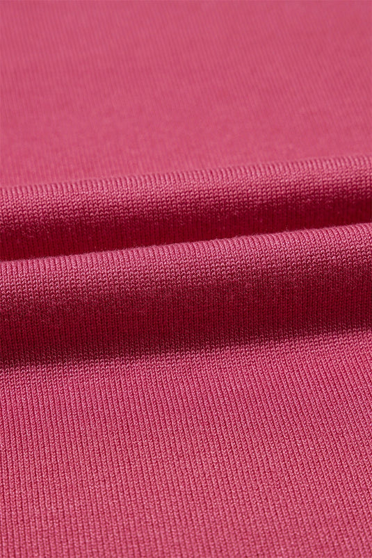 DLLS485 - Ladies Rose Red Contrast Striped Trim Round Neck Half Sleeve Sweater