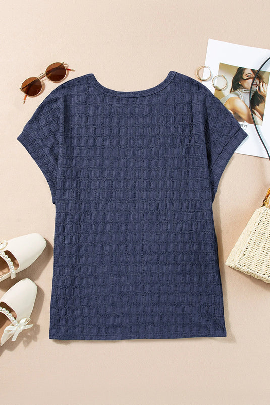 DLLS479 - Ladies Sail Blue Solid Color Textured Batwing Sleeve Tee