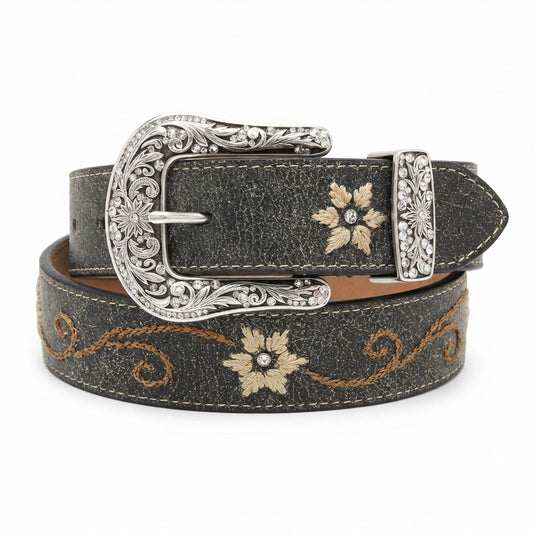 N3447001 - Nocona Women's Distressed Black Belt W/Floral Embroidery