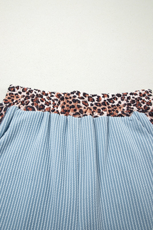 DLLS712 - Ladies Sky Blue Leopard Trim Twist Ribbed Short Set