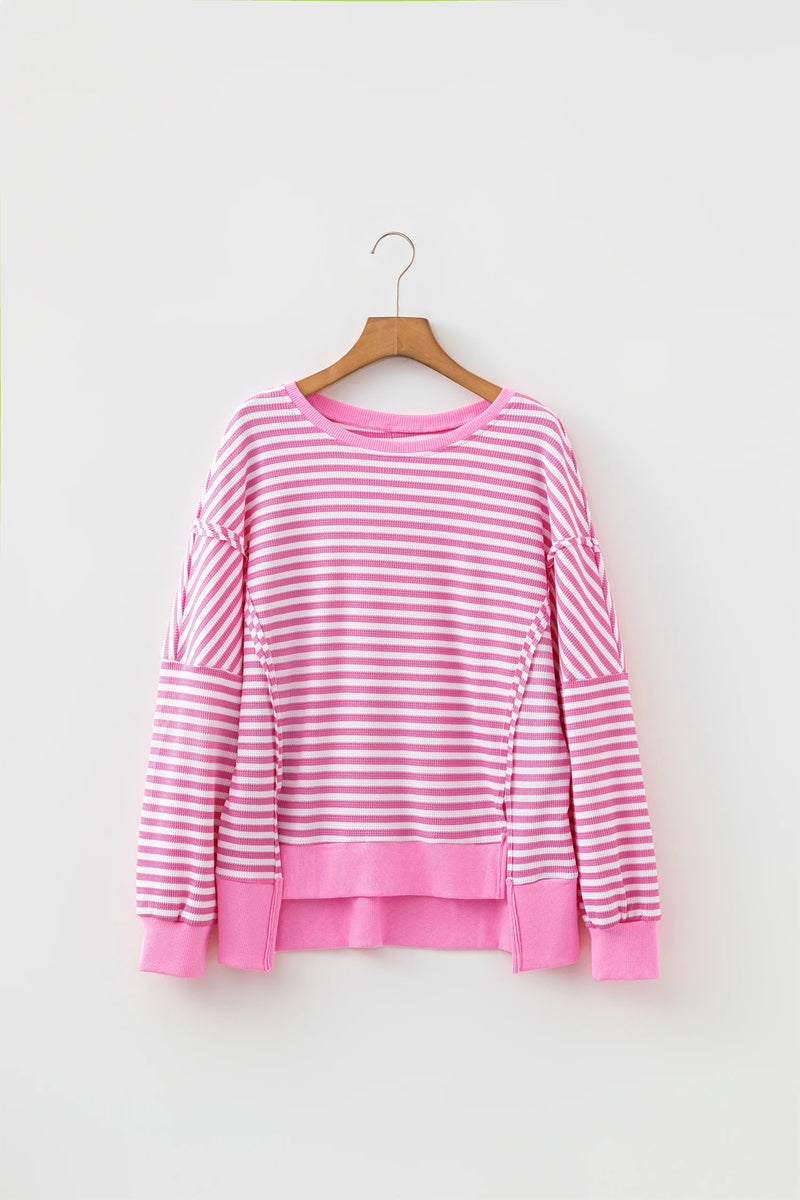 Load image into Gallery viewer, DLLS1134 - Ladies Pink Stripe Textured Knit Color Block Trim Split Hem Long Sleeve Top
