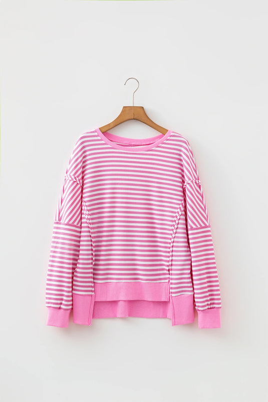 DLLS1134 - Ladies Pink Stripe Textured Knit Color Block Trim Split Hem Long Sleeve Top