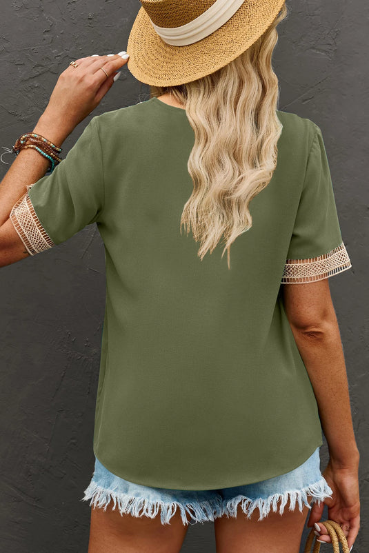 DLLS518 - Ladies Green Lace Trim V Neck Short Sleeve Blouse