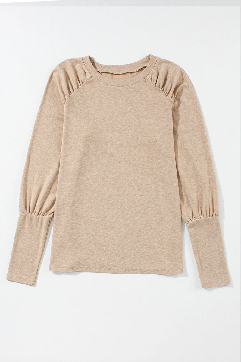 Load image into Gallery viewer, DLLS275 - Ladies Pale Khaki Solid Ruched Raglan Sleeve Knit Top
