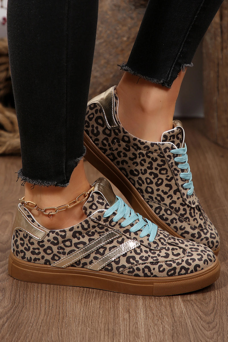 Load image into Gallery viewer, DLLSHOE 17 - Coffee Faux Suede Leopard Print Sleek PU Leather Detail Lace Up Sneakers
