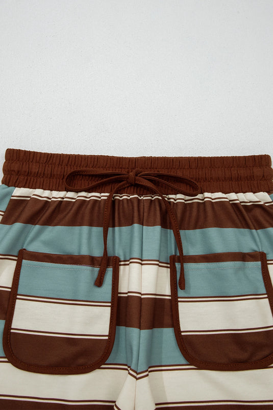 DLLS500 - Ladies Stripe Polo Collar Tee Drawstring Waist Patchwork 2pcs Short Set