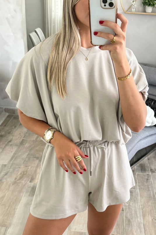 DLLS606 - Ladies Smoke Gray Solid Color Puffy Loose Top Drawstring Shorts 2pcs Outfit