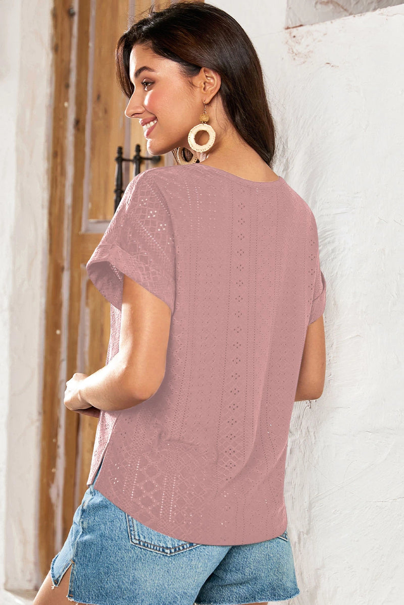 Load image into Gallery viewer, DLLS484 - Ladies Rose Tan Solid Color Eyelet Jacquard Cuffed Short Sleeve Top
