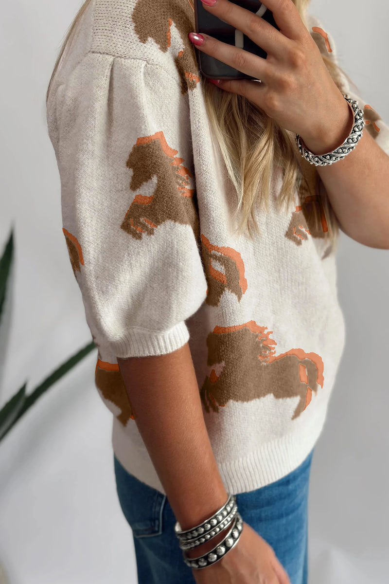 Load image into Gallery viewer, DLLS741 - Ladies White Western Horse Printed Short Puff Sleeve Sweater
