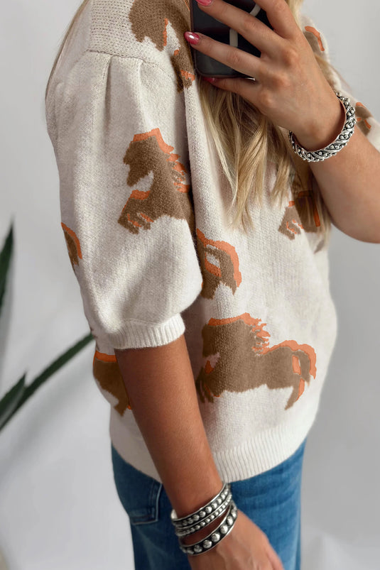 DLLS741 - Ladies White Western Horse Printed Short Puff Sleeve Sweater