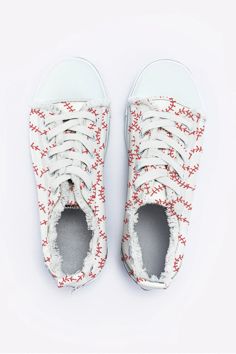 Load image into Gallery viewer, DLLSHOE 30 - White Baseball Seam Printed Frayed Canvas Shoes
