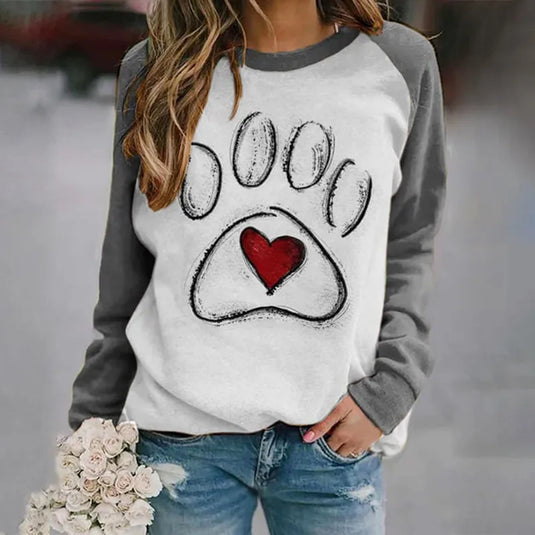 NIHTS68 - Ladies Gray & White Paw Print Long Sleeve Shirt