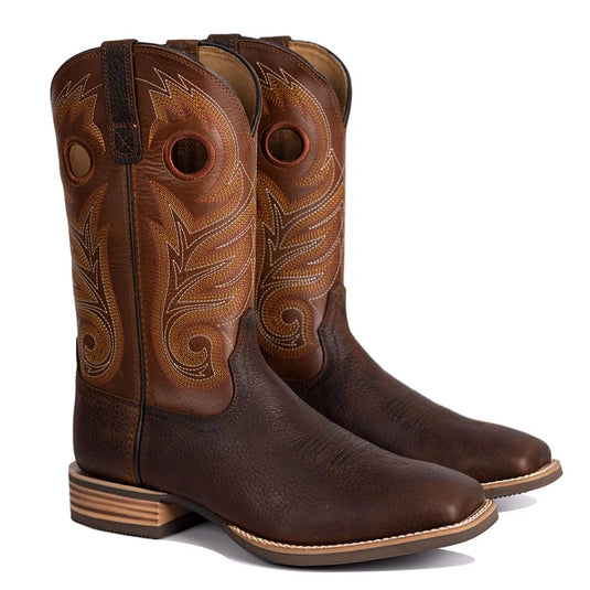PLT103615 - Palitutu Men's Brown Embroidered Full-Grain Leather Square Toe Western Boots