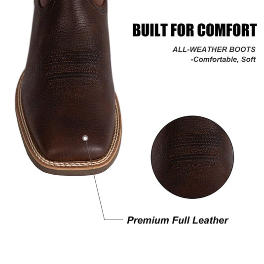 PLT103615 - Palitutu Men's Brown Embroidered Full-Grain Leather Square Toe Western Boots