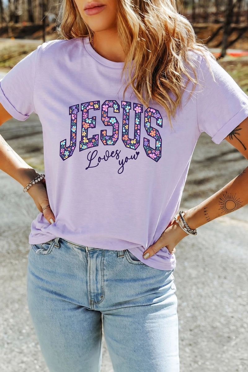 Load image into Gallery viewer, DLLS803 - Ladies Orchid Petal Christian Floral Letter Graphic Round Neck T Shirt
