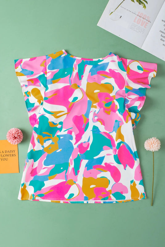 DLLS568 - Ladies Multicolor Abstract Print Notched Neck Flutter Sleeve Blouse