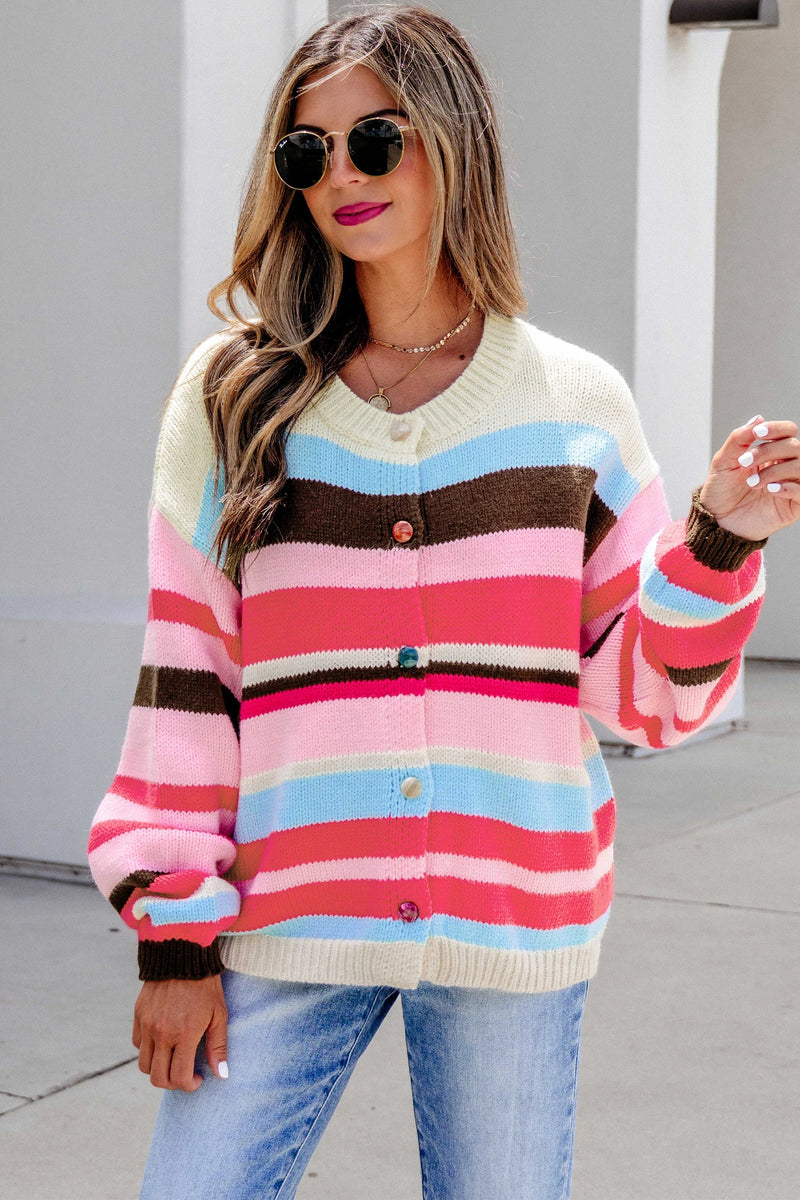 Load image into Gallery viewer, DLLS862 - Ladies Pink Stripe Striped Colorblock Drop Shoulder Cardigan
